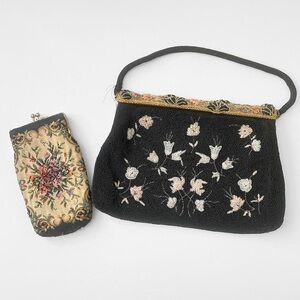 SOLD Vintage Bag Set Tapestry Coin Purse Floral French Bag 1950s retro
